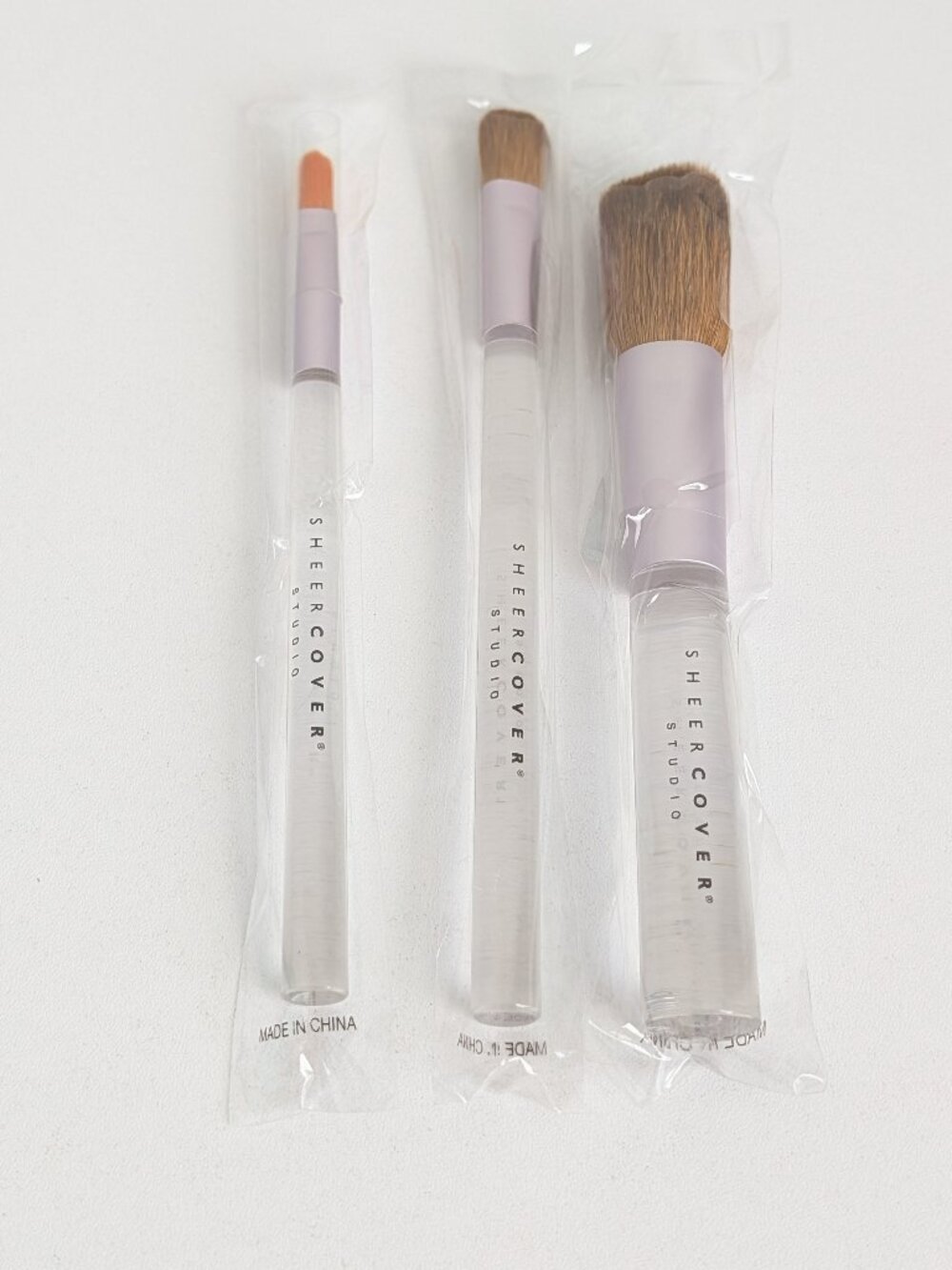 Sheer Cover Make Up 3 Piece Brush Set Clear Handles New & SEALED